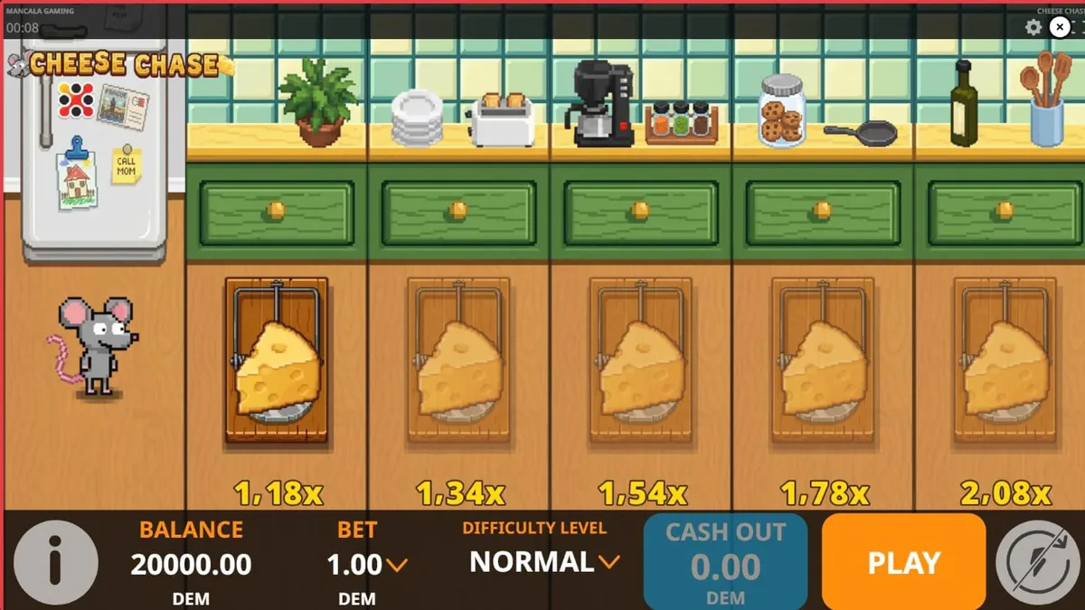 Interface de jogo do slot Cheese Chase com tema de ratinho e cozinha retrô
