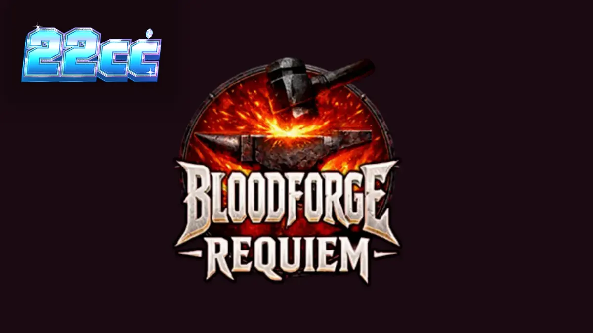 Captura de tela do jogo Bloodforge Requiem, mostrando um cenário de forja sombria com símbolos de fogo e metal.